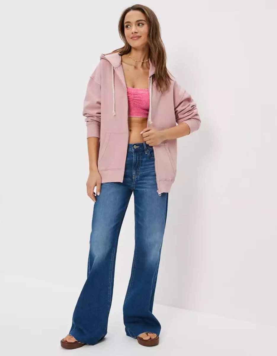 Sweat à Capuche American Eagle AE Oversized Zip-Up Rose Femme | MMG-34564426